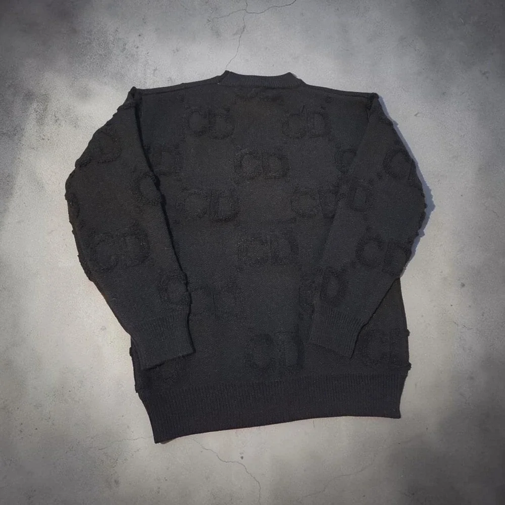 Black Textured Monogram Knit Sweater Crewneck Pullover‎ Long Sleeve Size L